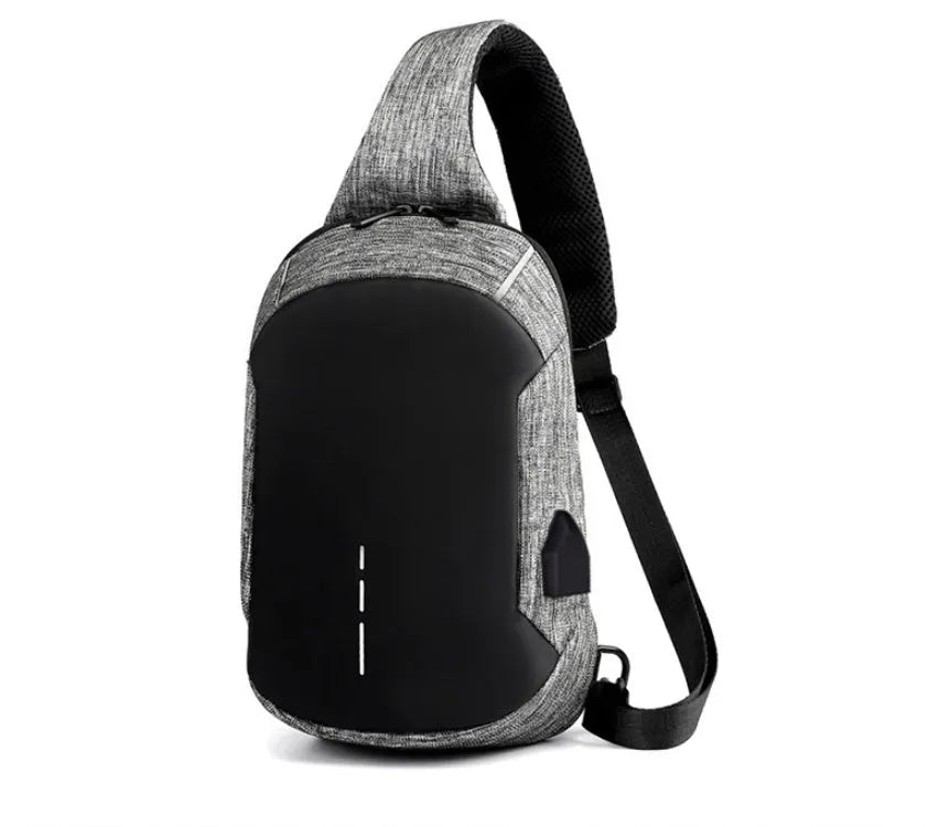 Dark blue Oxford waterproof chest bag with zipper opening, measuring 18cm wide by 31cm high