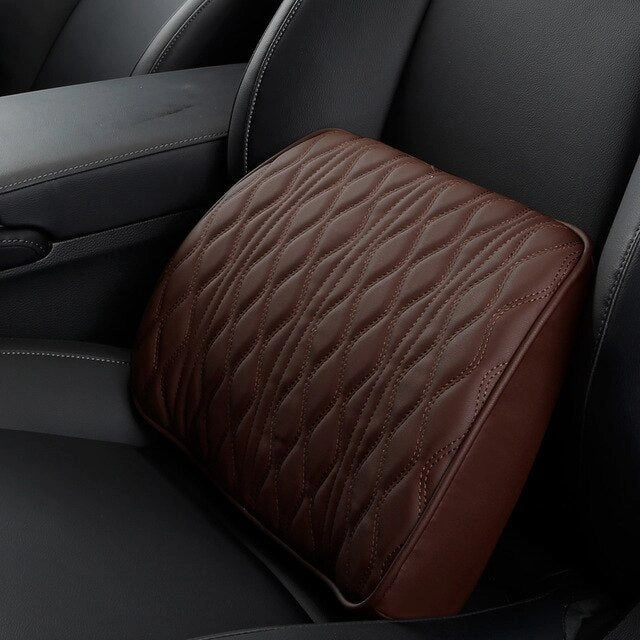 Ergonomic memory foam car headrest and lumbar support set with breathable knitted fabric and adjustable straps for personalized comfort and support