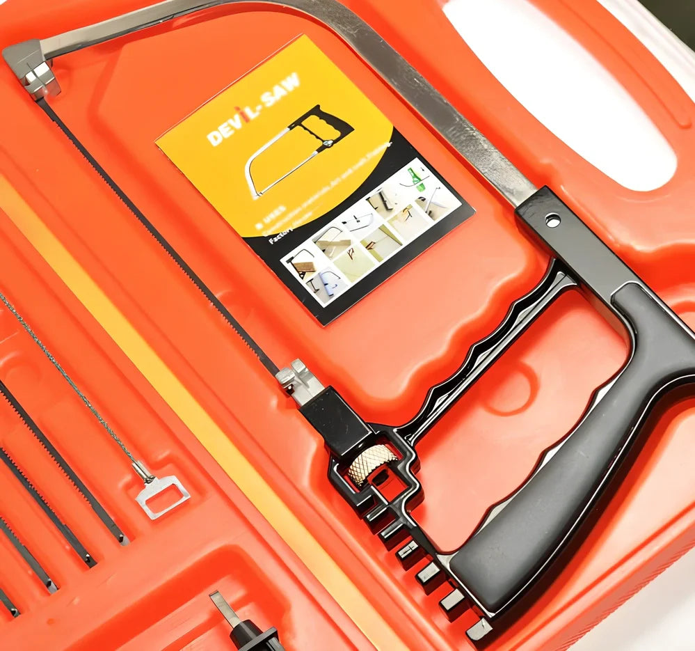 11-in-1 multi-function saw tool set with orange and black components including 5 blades and drill bits