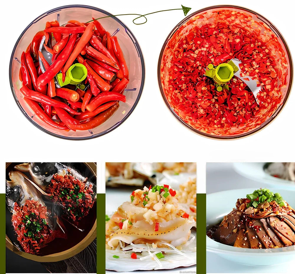 Manual vegetable chopper with three stainless steel blades and 1.2-litre plastic bowl for food preparation