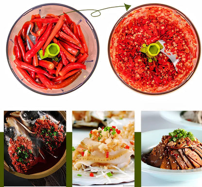 Manual vegetable chopper with three stainless steel blades and 1.2-litre plastic bowl for food preparation