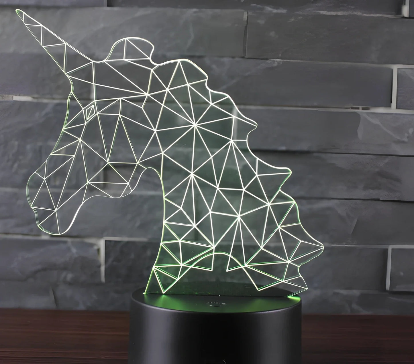 3D unicorn night light with LED illumination on 23cm black ABS base, showing touch controls and USB cable