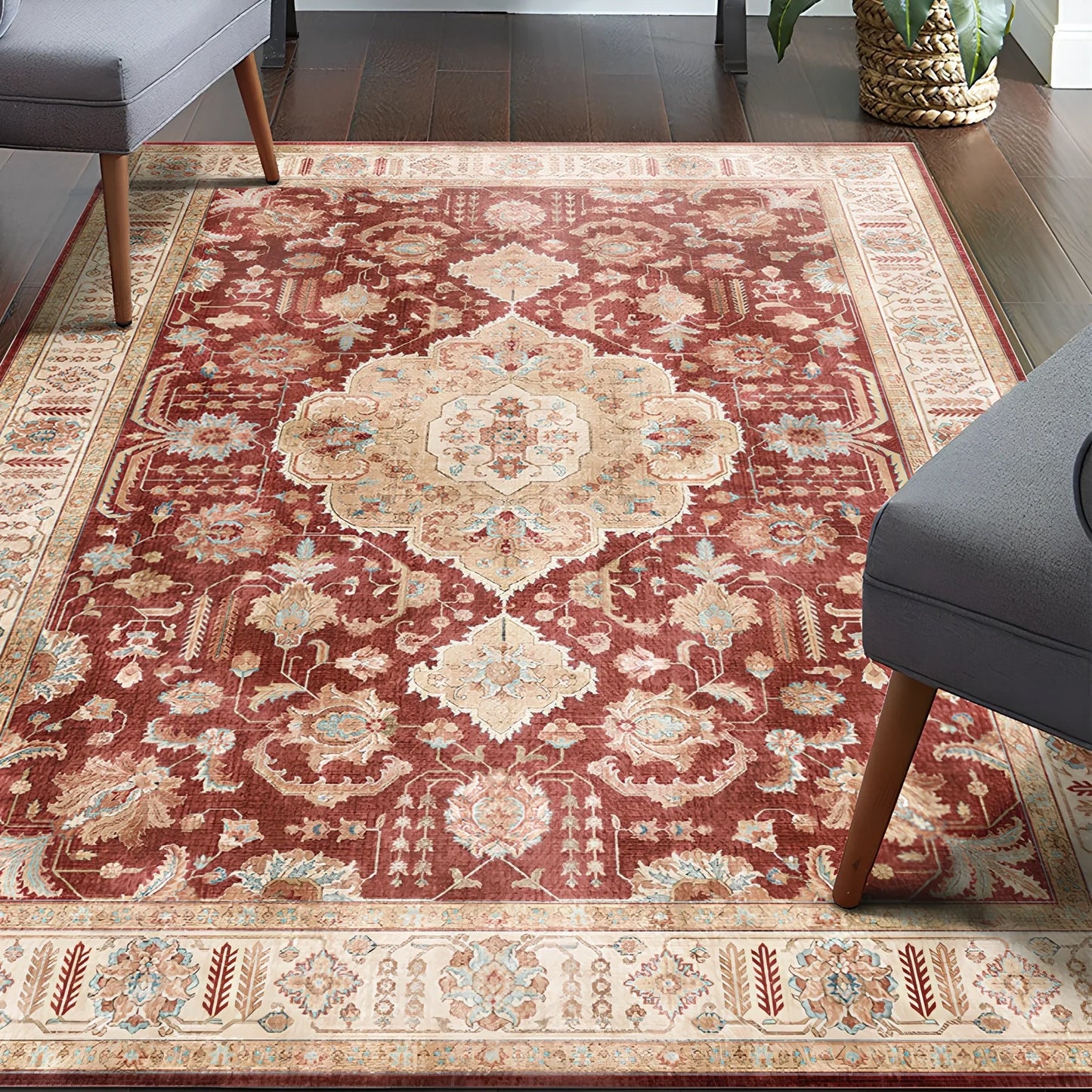 Short pile wool carpet with woven plant patterns in navy blue colour, rectangular shape for study flooring