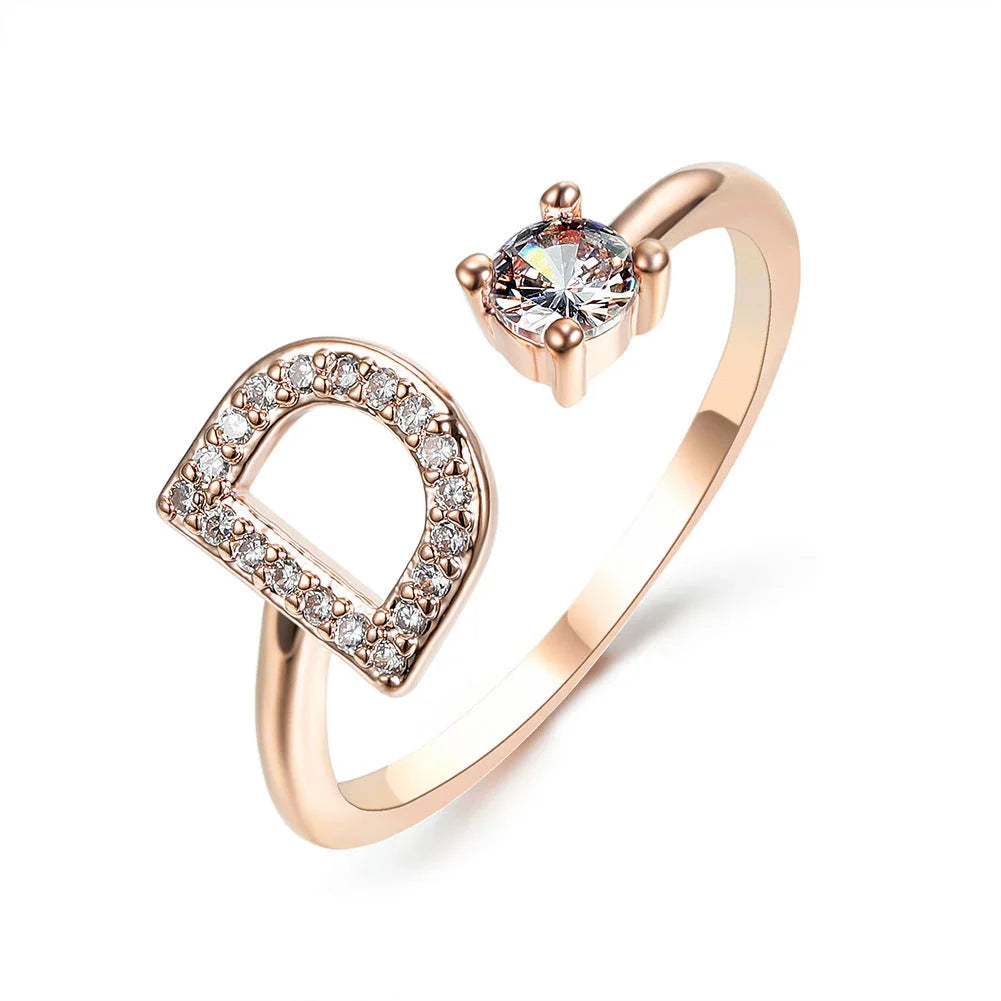 Personalized Initial Letter Adjustable Ring made of copper alloy and zircon, showcasing a vintage-inspired design