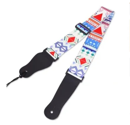 Printed cloth guitar shoulder strap showing eight different graphic design options