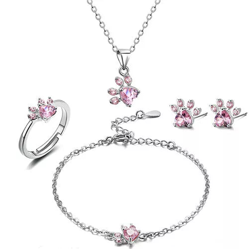 Women's cat bear dog paw jewelry set with white CZ stones in rose gold and white K