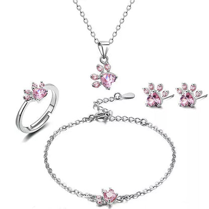 Women's cat bear dog paw jewelry set with white CZ stones in rose gold and white K