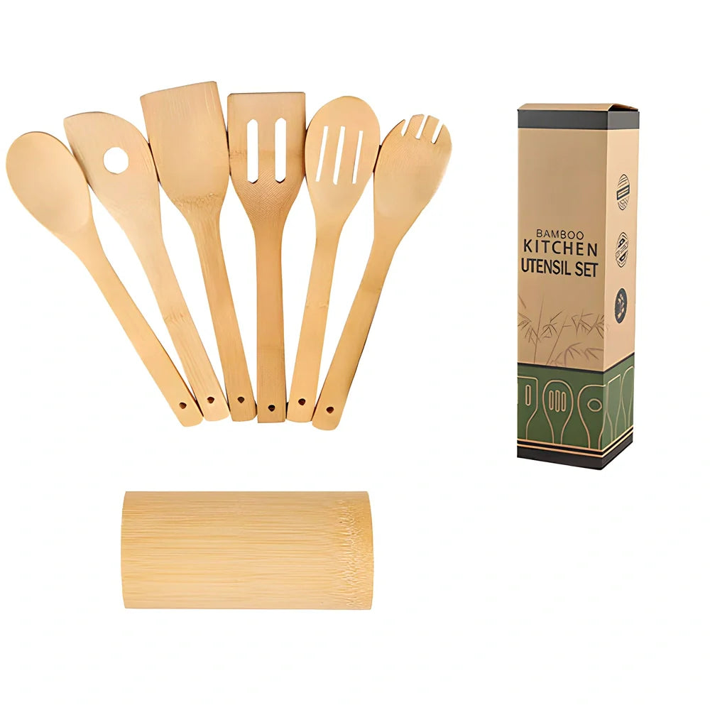Bamboo spatula set with square bamboo holder containing various cooking utensils with ergonomic handles
