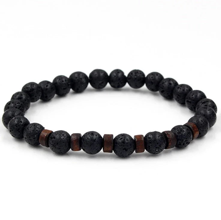 Stylish men's bracelet made with natural volcanic stone, flash stone, and wood chip in a geometric, mosaic-like design