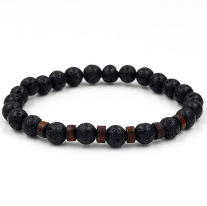 Stylish men's bracelet made with natural volcanic stone, flash stone, and wood chip in a geometric, mosaic-like design