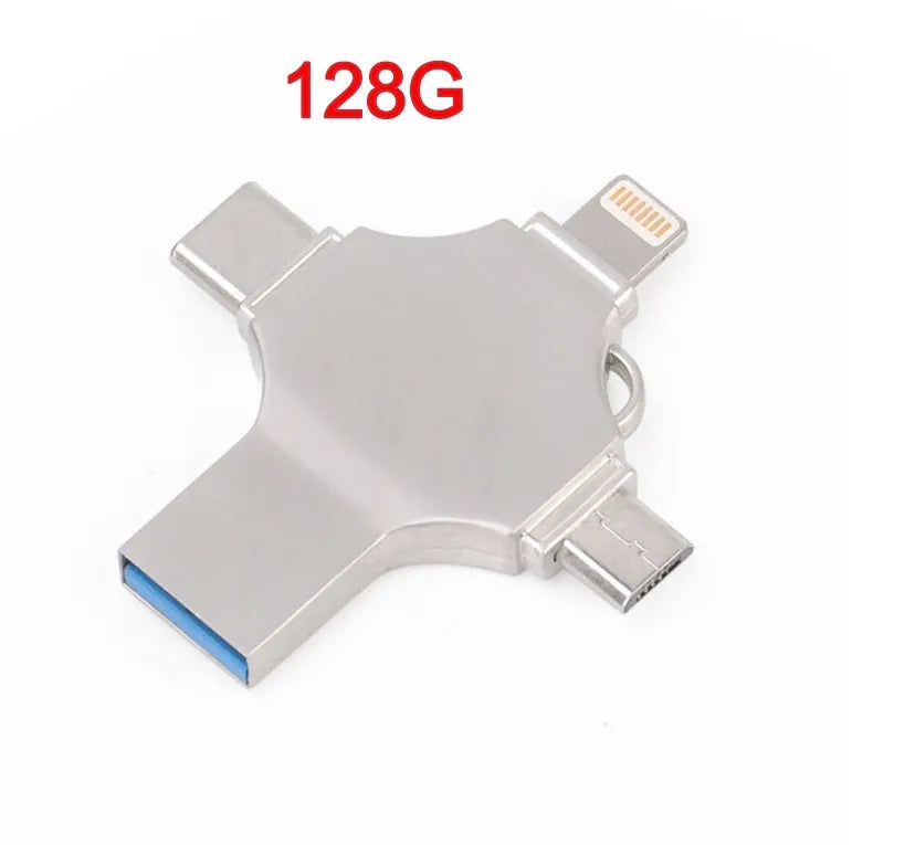 Metal mobile phone U disk with 4-in-1 iOS, Micro USB, Type-C and USB 3.0 connectors, 11g, in Silver