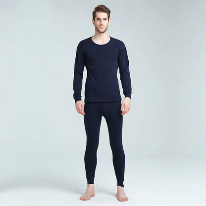 Men's plus velvet thick round neck thermal underwear set with long-sleeve pullover top and trousers in dark grey, light grey, black, or dark blue
