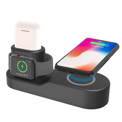 Black W3 wireless charging station with phone, Apple Watch, and earphones on charging pads