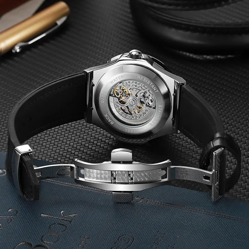 Automatic mechanical men's watch with white shell casing, 16mm thickness, hollow movement visible through dial, diamond studs, business style design