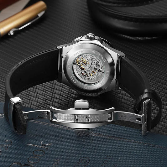 Automatic mechanical men's watch with white shell casing, 16mm thickness, hollow movement visible through dial, diamond studs, business style design