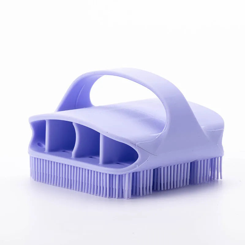 Silicone scalp massager brush with extra-long bristles and ergonomic handle in multiple colours