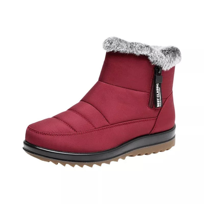 Women's winter snow boots with side zipper and fleece lining in black, dark brown, and red