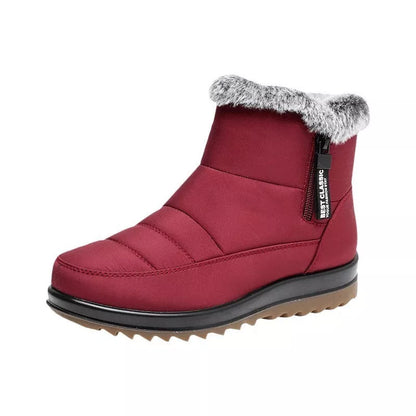 Women's winter snow boots with side zipper and fleece lining in black, dark brown, and red