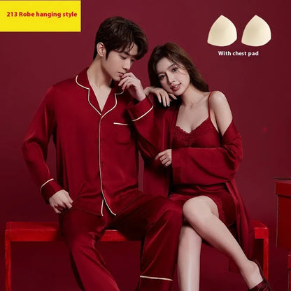 Red ice silk sleepwear set with long sleeves and trousers for men and women, lightweight fabric