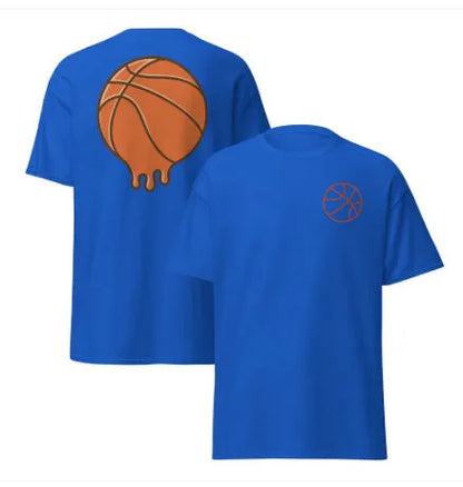 Men's maroon short-sleeved T-shirt with a ball pattern, made from thin polyester mesh fabric.