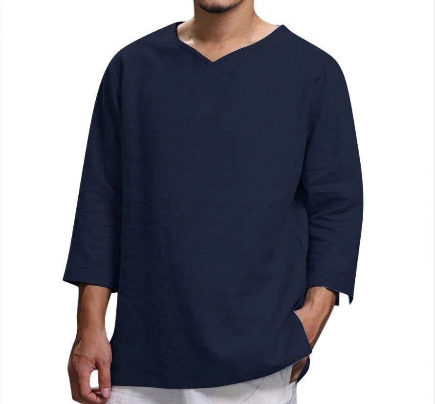 Men's loose V-neck cotton linen long sleeve shirt in various colors