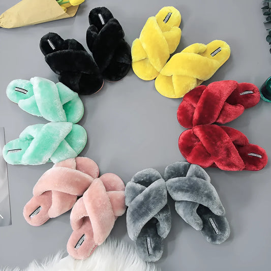 Cross open-toe fur slippers with non-slip patterned soles in black, dark grey, green, pink, red, or yellow
