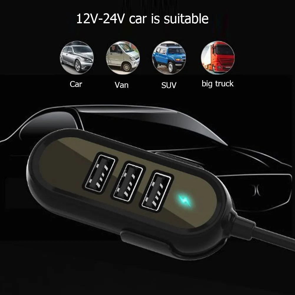 Black and white car rear seat charger with USB output, 12-24V input, and ABS PC body