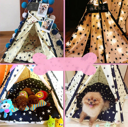 Portable pet tent with Native American-inspired design, versatile for indoor and outdoor use as a cozy dog bed, cat house, and toy house