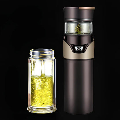 Stainless steel tea separation cup with one-button mechanism showing straight cup design and multiple colour options
