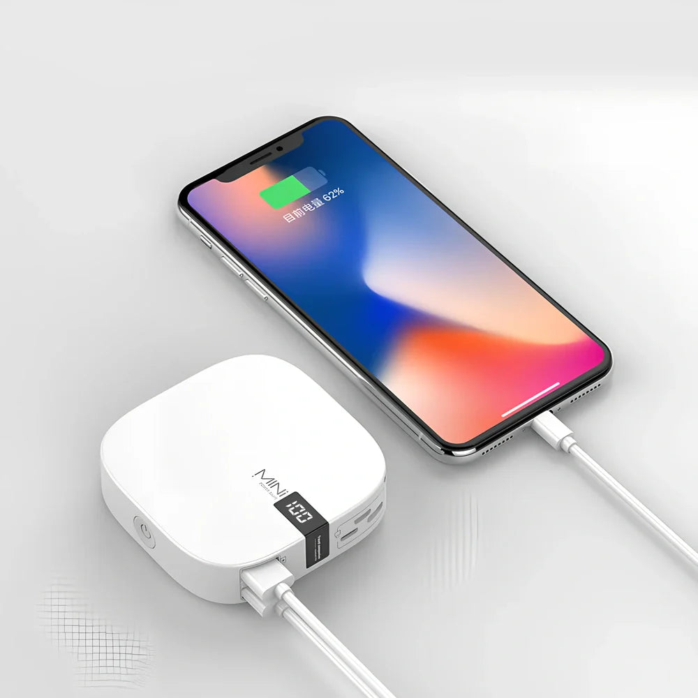 Red 10000 mAh mini power bank with digital display showing battery percentage, measuring 90x64x24mm