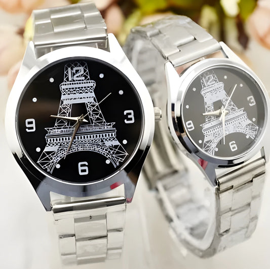 Silver tone Eiffel Tower wrist watch with round dial and luminous hands