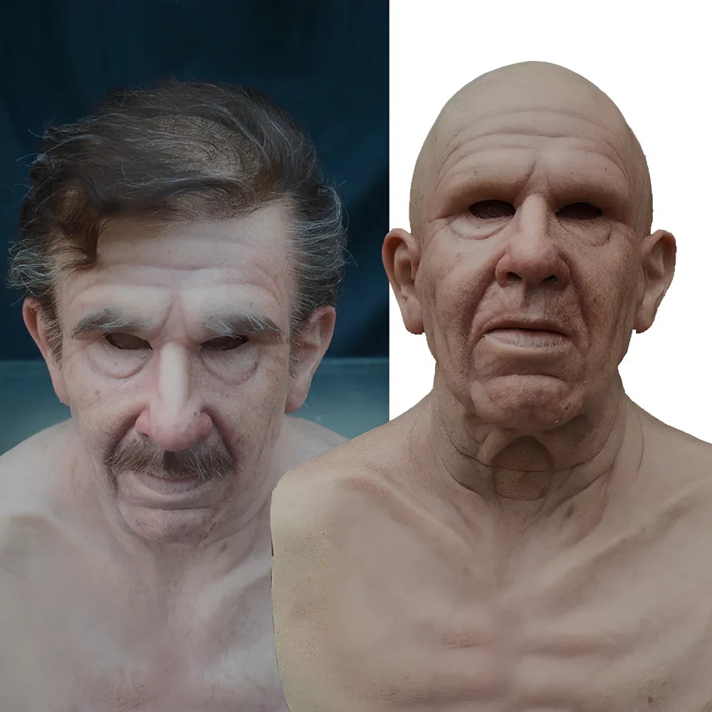 Latex old man Halloween mask with white hair and beard showing realistic facial wrinkles