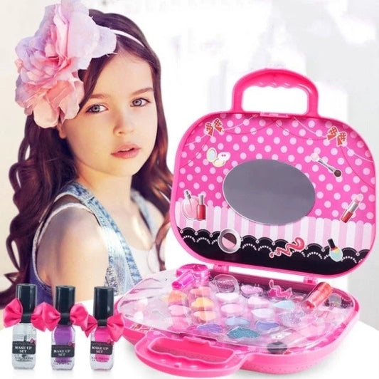 Children's cosmetic toys makeup box with four play accessories including makeup remover paper, nail polish, and lipstick