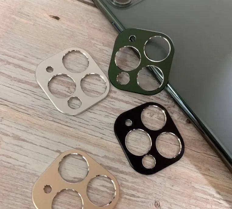 Metal lens protection ring for iPhone 11 and 11 Pro back cover, shown in multiple colour options.