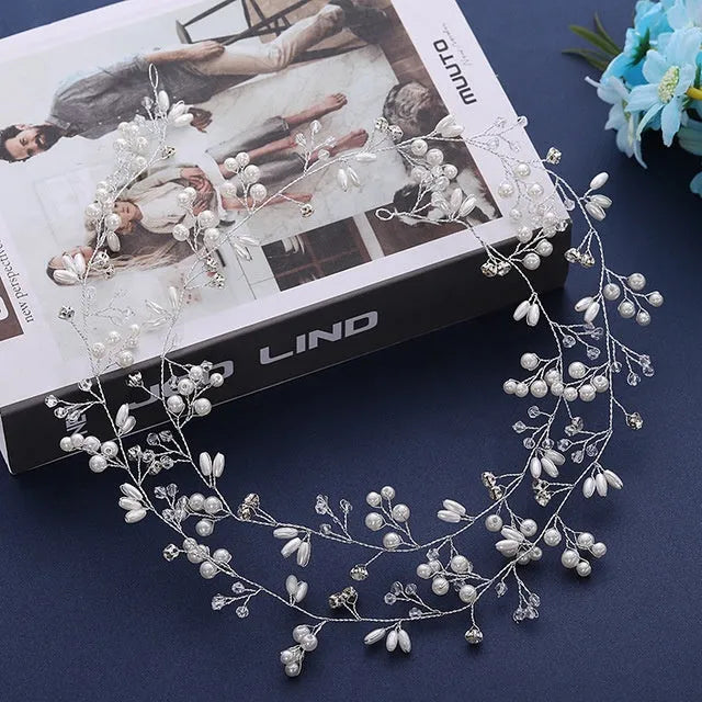 Bride's long hair band with crystal pearls in silver colour option showing 100cm length