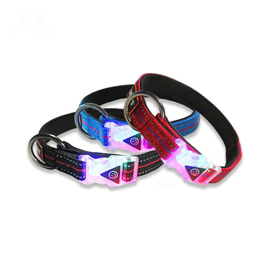 Nylon LED luminous pet collar leash in red, blue, and black with adjustable light modes