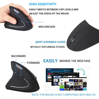 Black left hand vertical wireless mouse with DPI button, thumb buttons, 108g, 4.92 x 2.56 x 3.23 inches