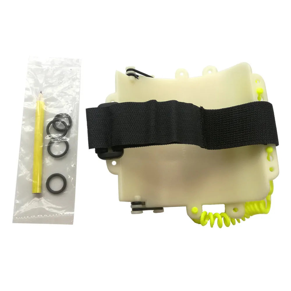 White luminous dive slate wristboard for underwater writing, shown with pencil and spare O-ring.