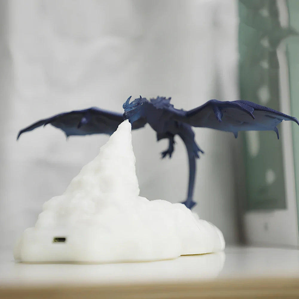 3D printed dragon LED night light with blue colour and fire-breathing illumination effect