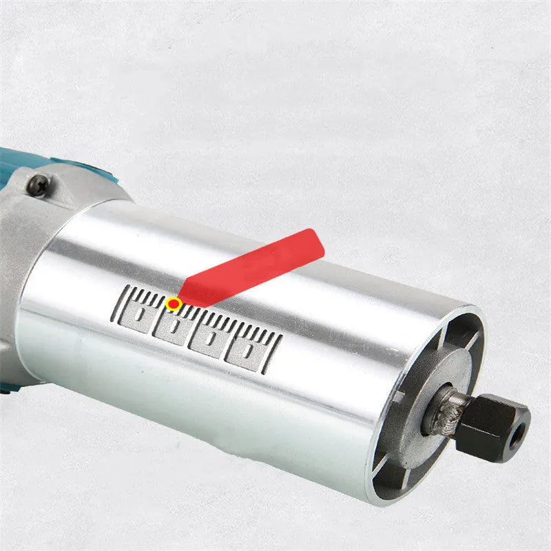 800W electric wood polishing trimmer with aluminium casing on a wooden workbench.
