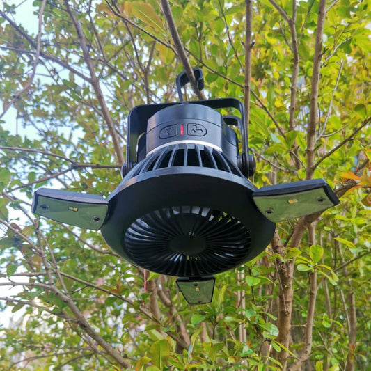 Rechargeable solar-powered camping fan with LED light, featuring a foldable design, hanging hook, and multiple airflow settings for outdoor use