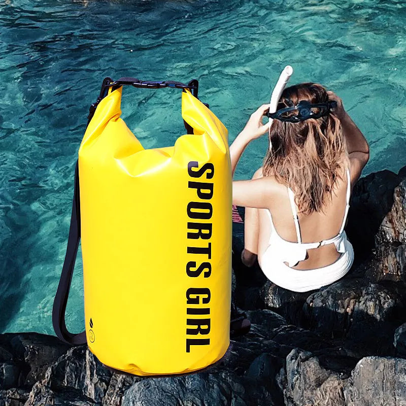 Yellow floating waterproof dry bag with dry and wet separation design, 15L capacity