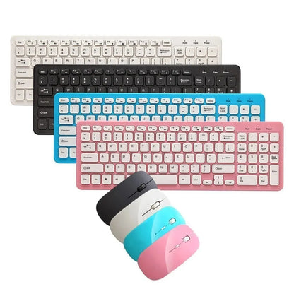 Black wireless keyboard and mouse set on a desk showing 96-key layout and compact mouse.