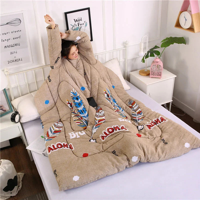 Cozy fleece blanket with sleeves in various colors, perfect for relaxing and enjoying indoor activities