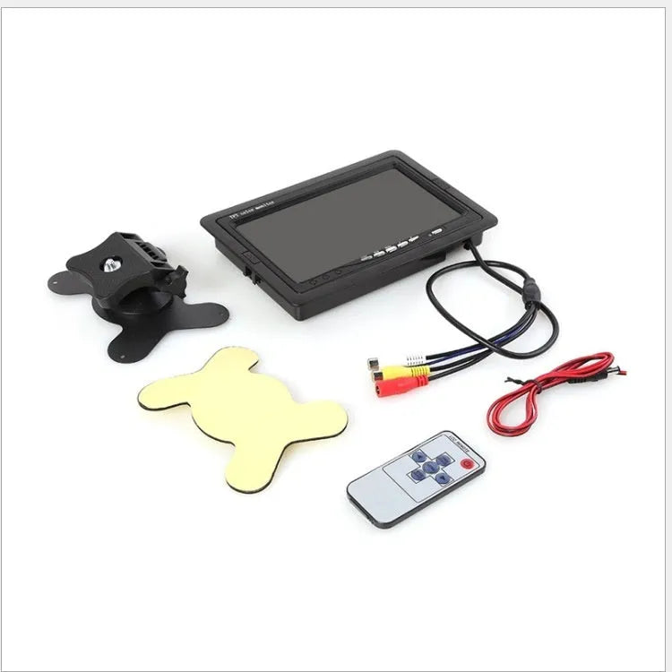 7-inch car monitor and reversing display with camera and video cable, TFT screen, ABS housing, desktop or rearview mirror fitting.