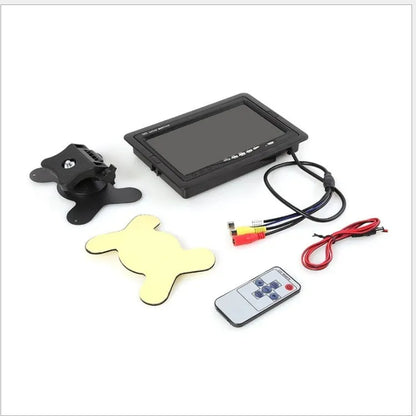 7-inch car monitor and reversing display with camera and video cable, TFT screen, ABS housing, desktop or rearview mirror fitting.
