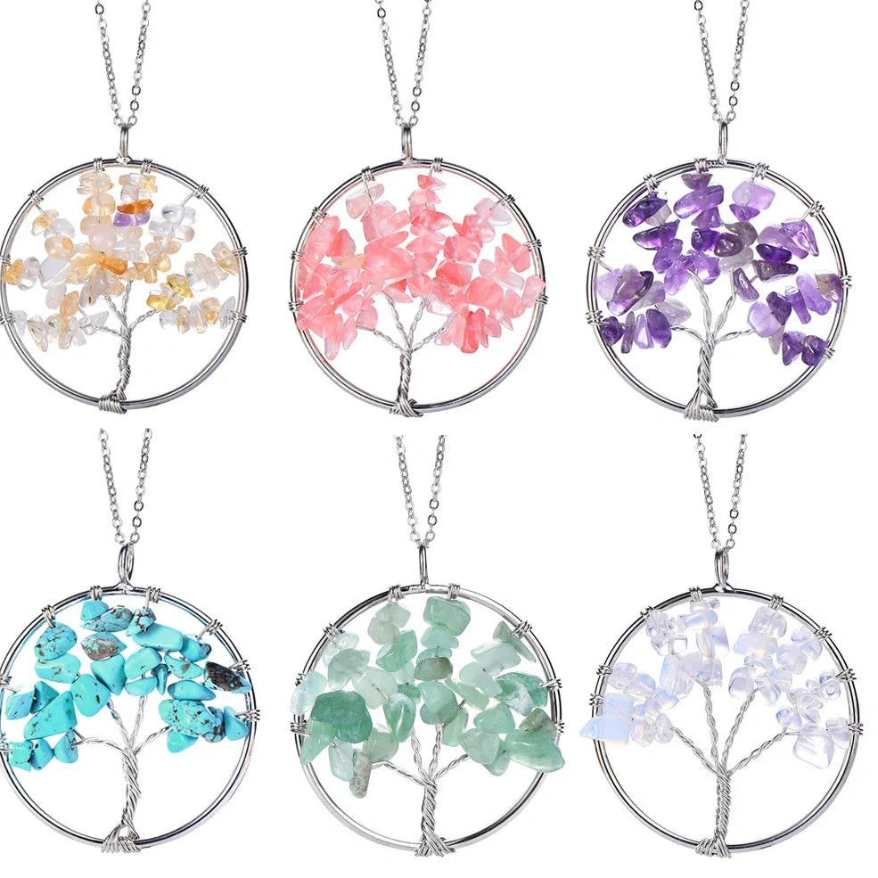 Hand winding Tree of Life pendant with stainless steel chain in six colour options