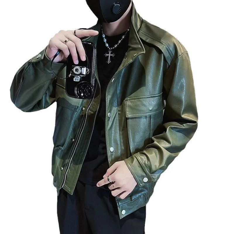 Men's black PU leather pilot jacket with side pockets and straight hem, Korean style.