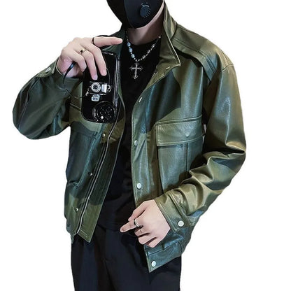 Men's black PU leather pilot jacket with side pockets and straight hem, Korean style.