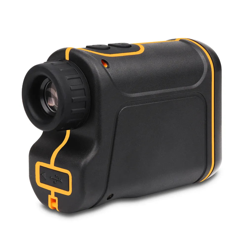 Outdoor handheld golf rangefinder with 1500m range, compact design, and display showing distance measurement